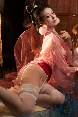 Sauce Mengmei Naixi Nice Ancient Style Fox, le thème Sexy Pink Tulle Clothing avec des chaussettes suspendues en soie blanche montre une figure complète, Tempation Photo 108P