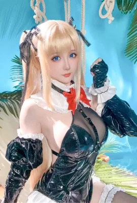Coser Miss Star: Marie Rose Thème sexy en cuir noir cache-cache-carré avec bas noir montrant une tentation de corps parfaite Photo 55p
